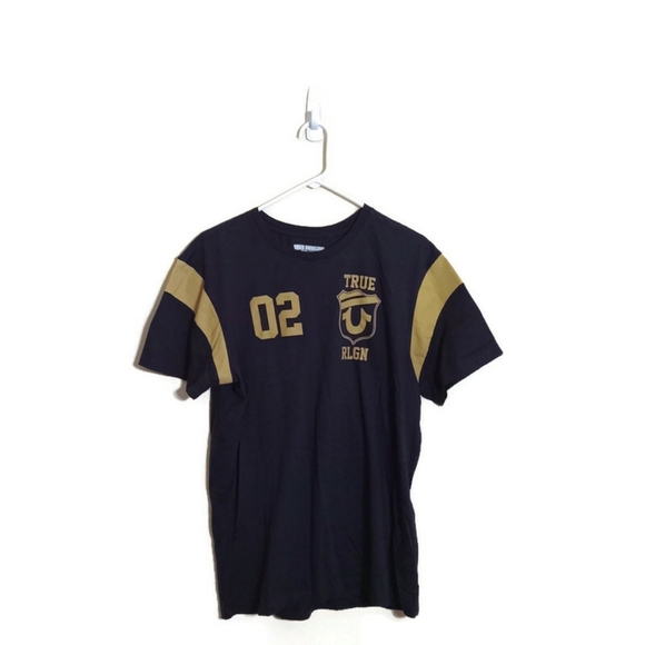 True Religion Men Navy Graphic Print Union Crew Short Sleeve T-Shirt Sz Large - Picture 1 of 6